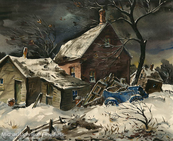 An early California oil painting by Henry Martin Gasser, titled Abandoned House in Winter 